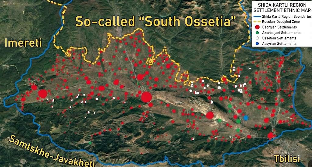 Ethnic map of the settlements of Inner Kartli (Shida Kartli) region of Eastern Georgia (Russian occupied zone not included)