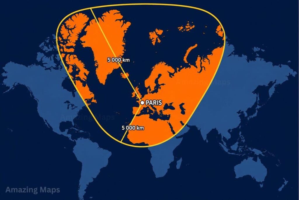 What a 5,000 km Radius Around Paris Looks Like on a Mercator Map