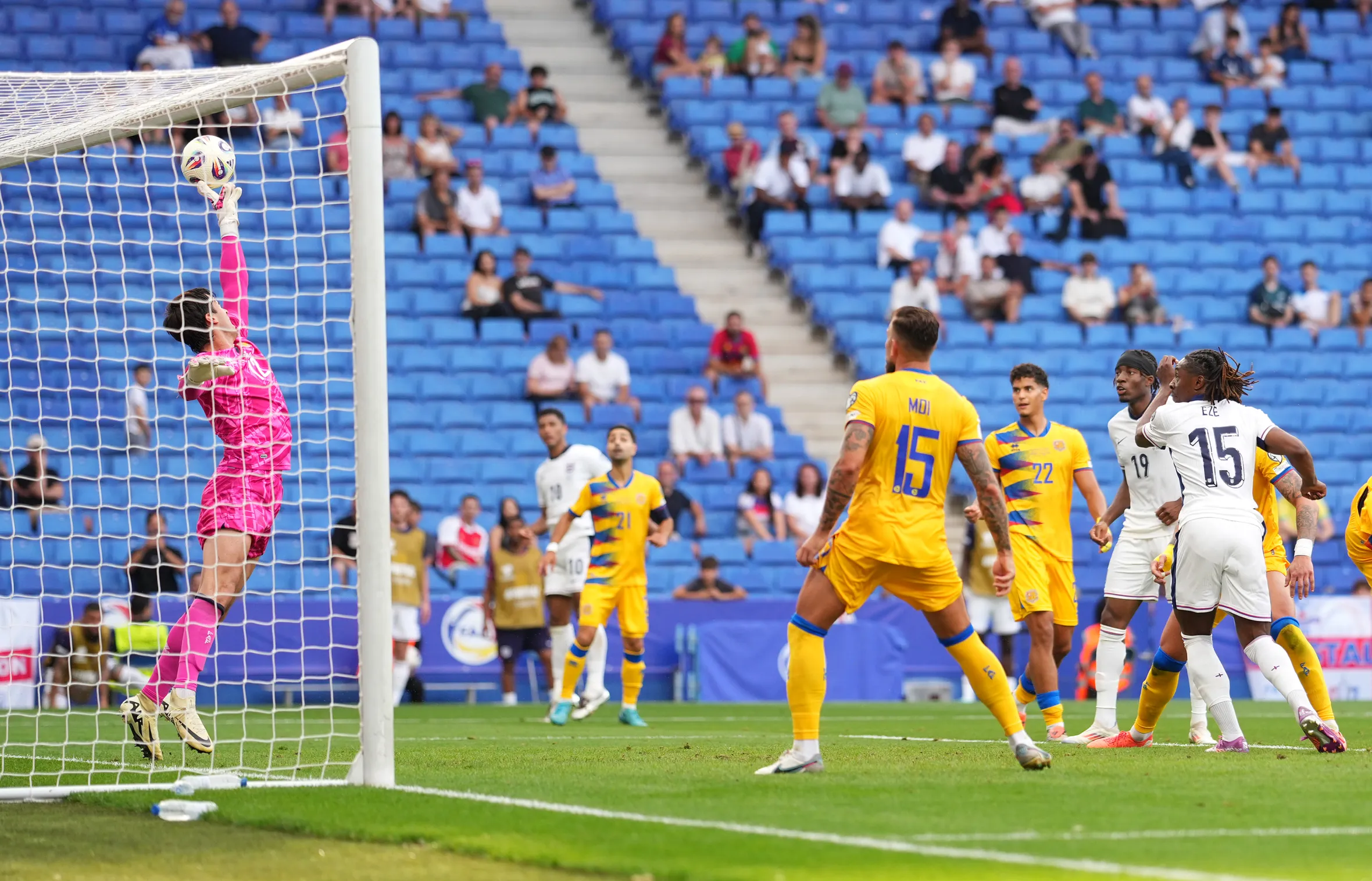 Iker Alvarez of Andorra saves a shot from Eberechi Eze of England during a FIFA World Cup 2026 European Qualifier match.