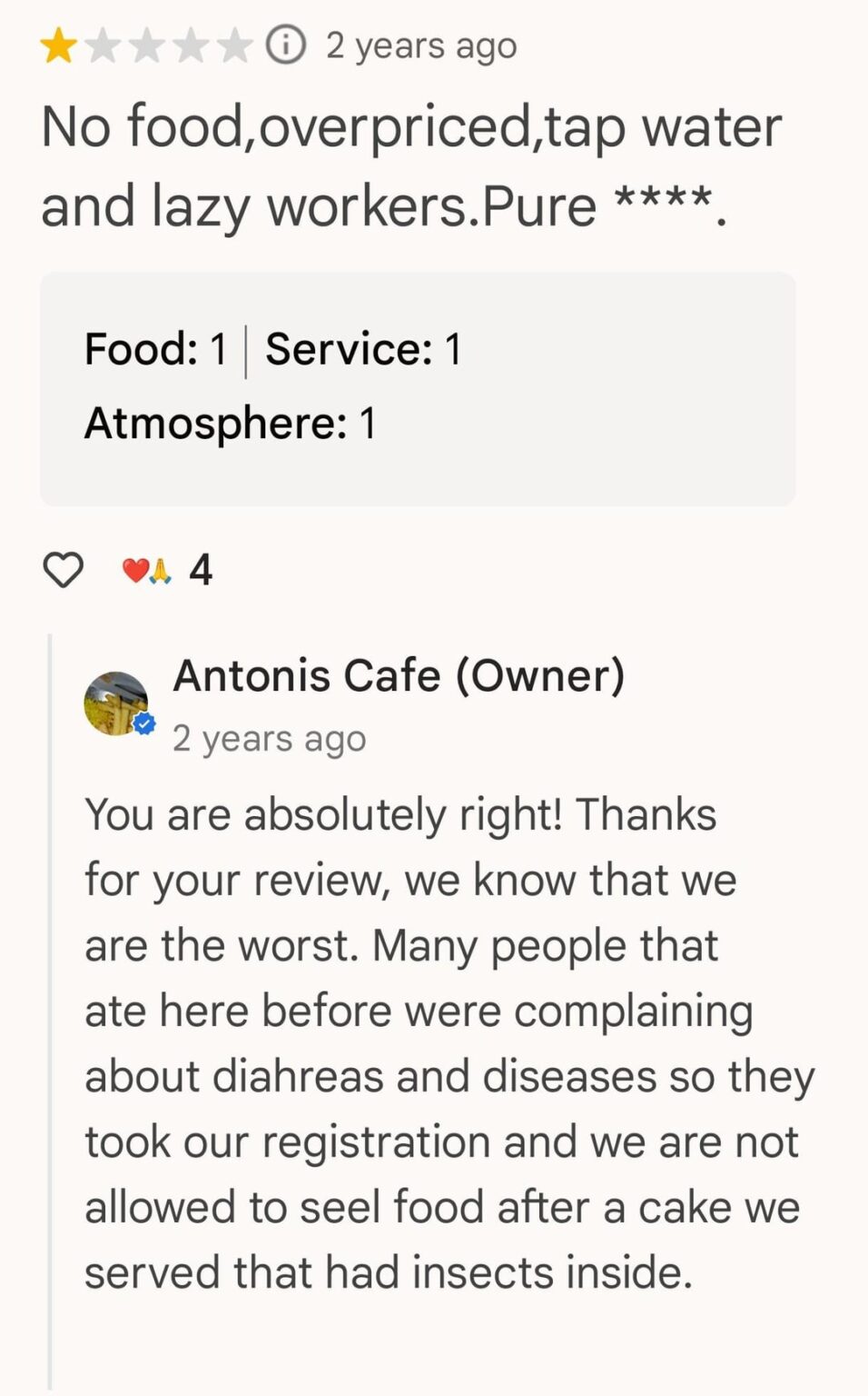 How come this Platres café owner reply in such an unhinged manner on Google Maps reviews? 🧐