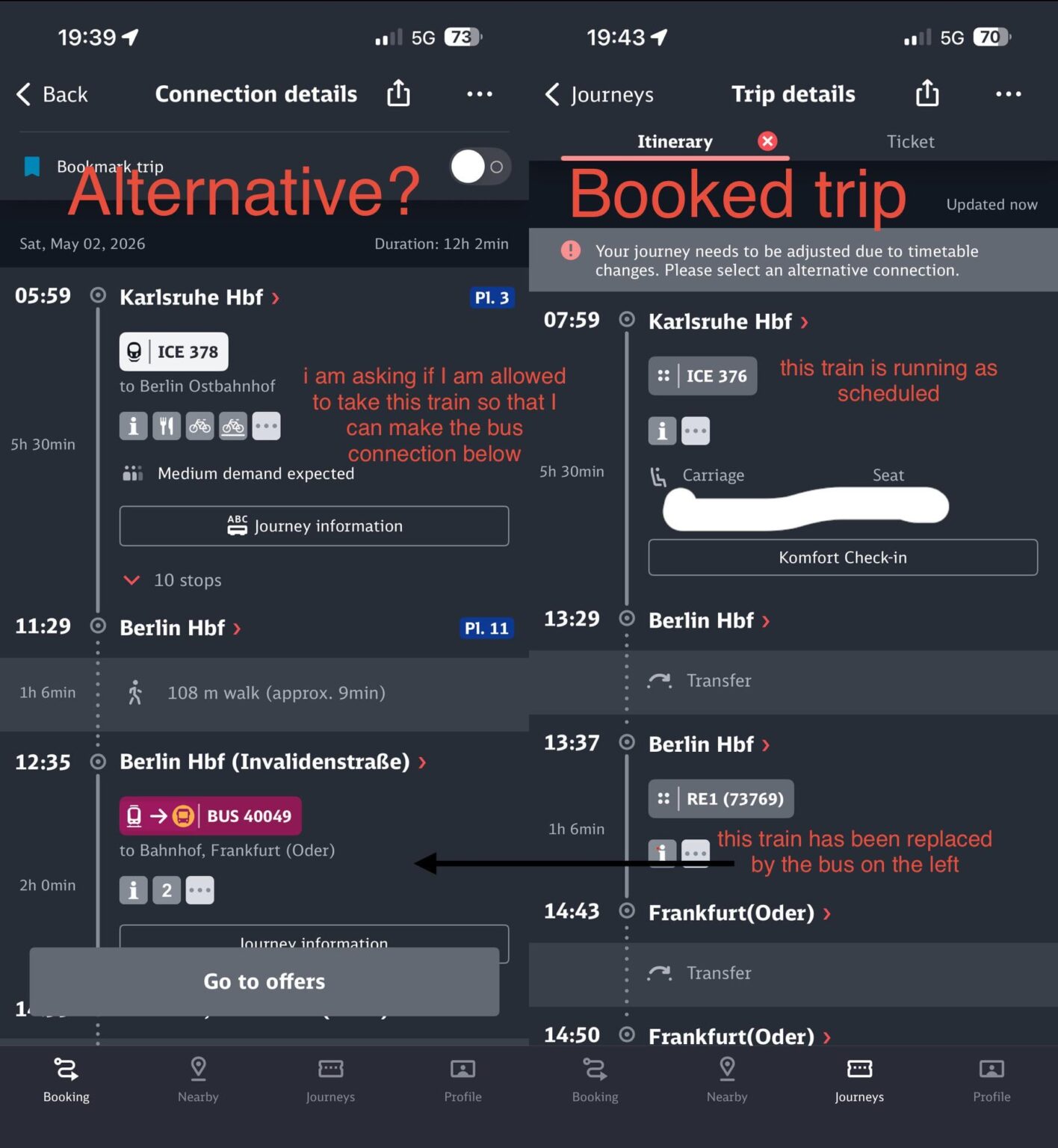 Connecting train was cancelled, can I take an earlier ICE even though the original one is running as scheduled?