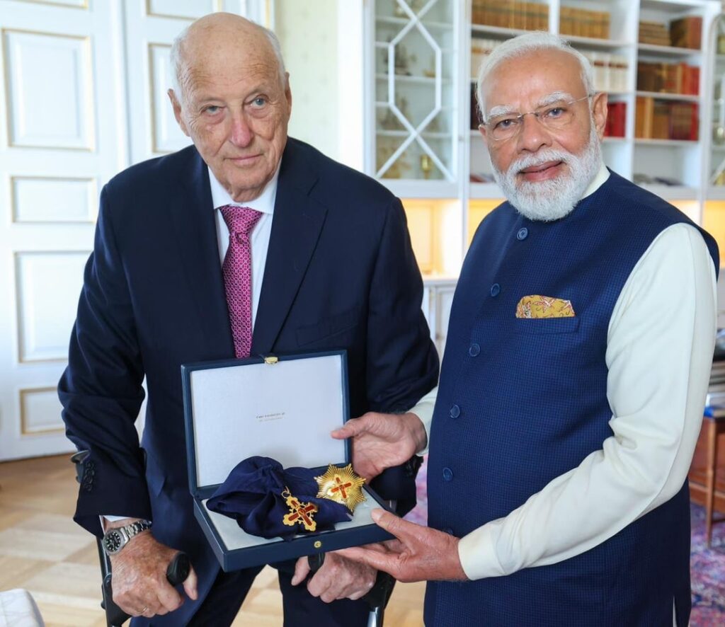 Norway awards its highest honour, the Grand Cross of the Royal Norwegian Order of Merit, to Indian Prime Minister Narendra Modi