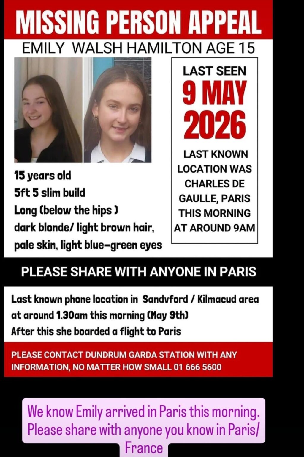 Missing Dublin teenager (15), flew to Paris alone this morning.