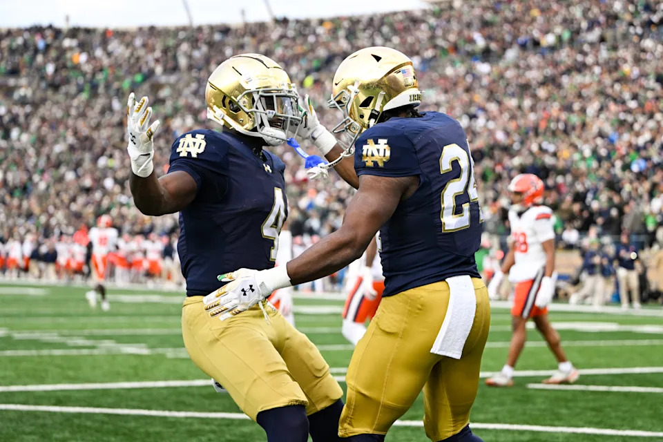Notre Dame running backs Jadarian Price (24) and Jeremiyah Love (4) were both first-round NFL Draft picks. (Photo by James Black/Icon Sportswire via Getty Images)