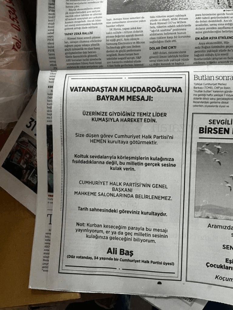 The citizen, who learned that Kılıçdaroğlu reads BirGün newspaper, placed an advertisement in the newspaper with the sacrifice money: "Your duty is to take CHP to the congress IMMEDIATELY."