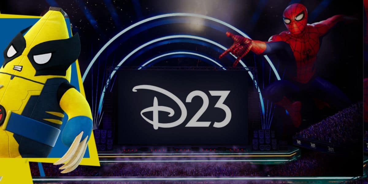 An image features a stage with the "D23" logo displayed prominently on a large screen. To the left is a plush toy resembling a yellow and blue superhero from Fortnite. To the right is Spider-Man in his iconic red and blue suit, striking a dynamic pose.