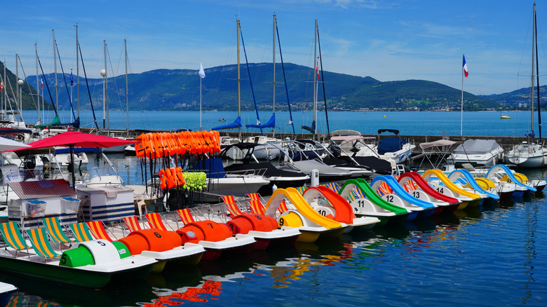 Sailboats, pedal boats, and motorboats lined up on a dock at Lac Du Bourget in France