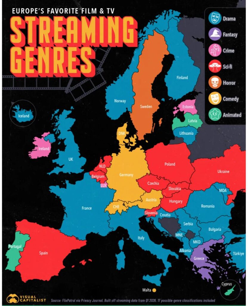 Map of European countries favourite streaming genres