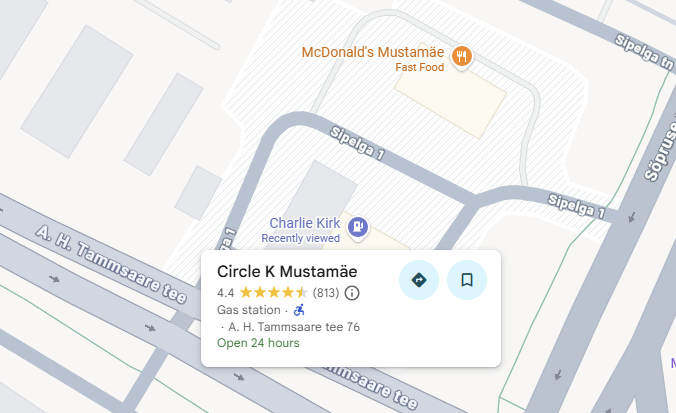 Someone has renamed one gas station in Mustamäe to Charlie Kirk on Google Maps