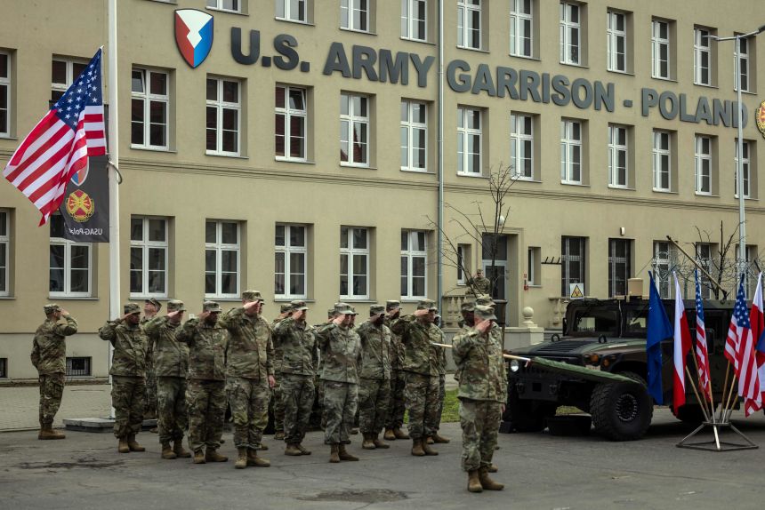 US soldiers take part in the inauguration ceremony of the US Army Garrison Poland, at Camp Kosciuszko in Poznan, on March 21, 2023.