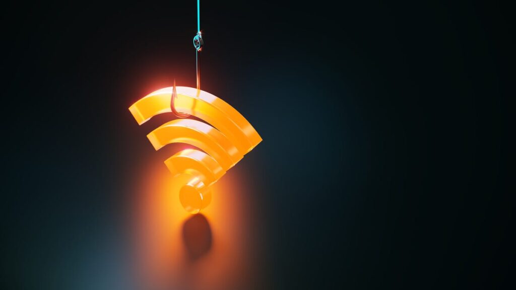 Russian Hackers Are Inside American Home Routers. The FBI Has a 5-Step Fix Orange Colored Wi-Fi Symbol And Fishing Hook On Black Background - Phishing Concept