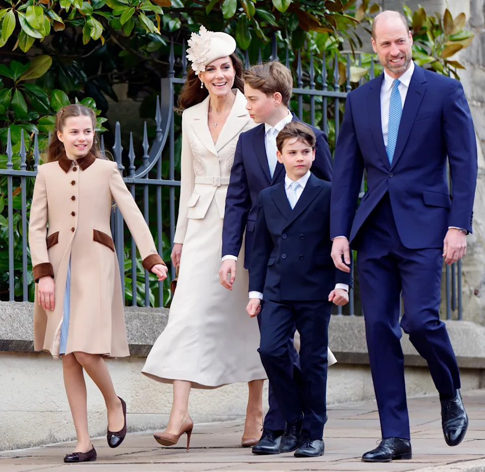 From left: Princess Charlotte, the Princess of Wales, Prince George, Prince Louis and Prince William in formal attire.