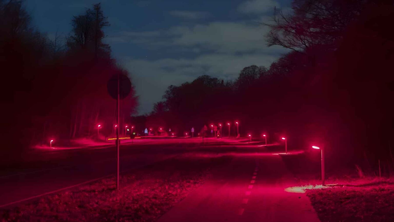 Denmark is turning off the white light from its streetlamps and painting a road red to solve a nighttime crisis that almost no one sees: urban light was blocking the path of bats Red streetlights illuminate a road and surrounding trees in Gladsaxe, Denmark, in a bat-friendly lighting project