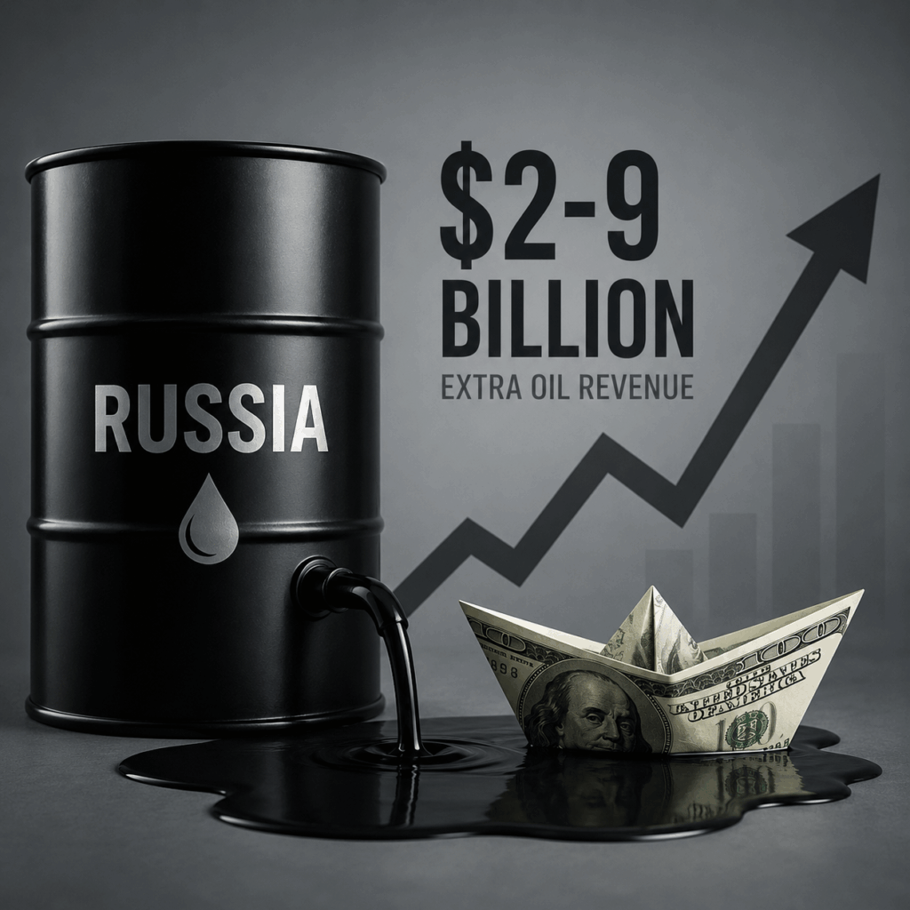 According to U.S. officials, Russia gained around $2 billion in additional oil revenue during the recent spike in global prices caused by tensions around the Strait of Hormuz. Ukrainian estimates put the figure even higher — up to $9 billion. According to U.S. officials, Russia gained around $2 billion in additional oil revenue during the recent spike in global prices caused by tensions around the Strait of Hormuz. Ukrainian estimates put the figure even higher — up to $9 billion.