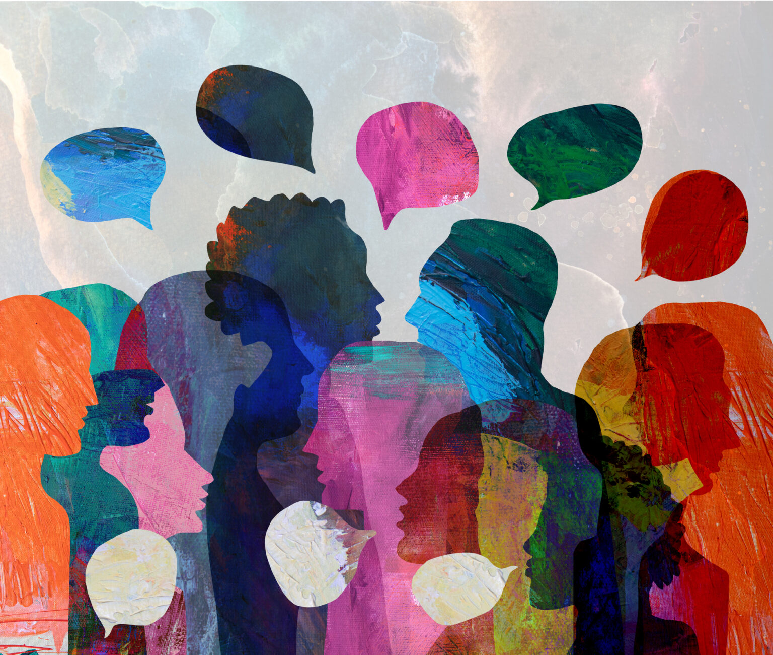 Group of diverse people talking, bonding, communicating. Using speech bubbles.