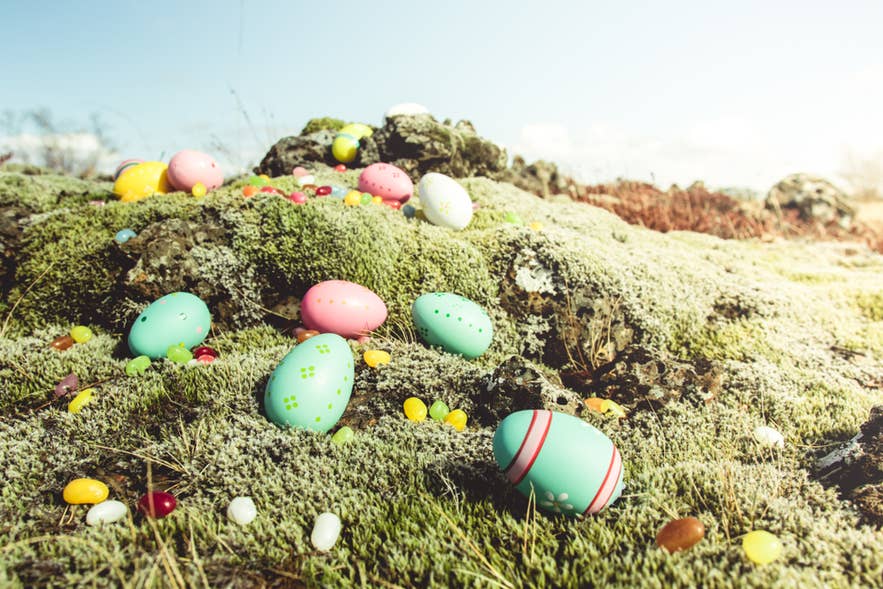 Colorful Easter eggs scattered on mossy lava rocks, showing Easter traditions in Iceland in April. Colorful Easter eggs scattered on mossy lava rocks, showing Easter traditions in Iceland in April.
