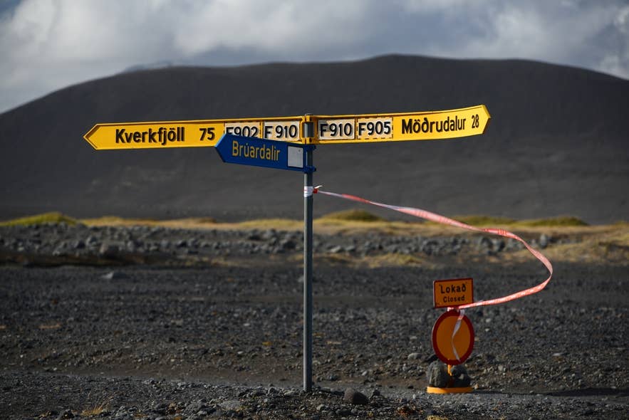 Road signs to Kverkfjoll and Modrudalur with a closed road marker, showing Highland closures in Iceland in April. Road signs to Kverkfjoll and Modrudalur with a closed road marker, showing Highland closures in Iceland in April.