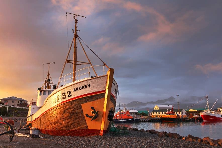 Fishing boat at Hofn Harbor during the Lobster Festival in Iceland in June. Fishing boat at Hofn Harbor during the Lobster Festival in Iceland in June.