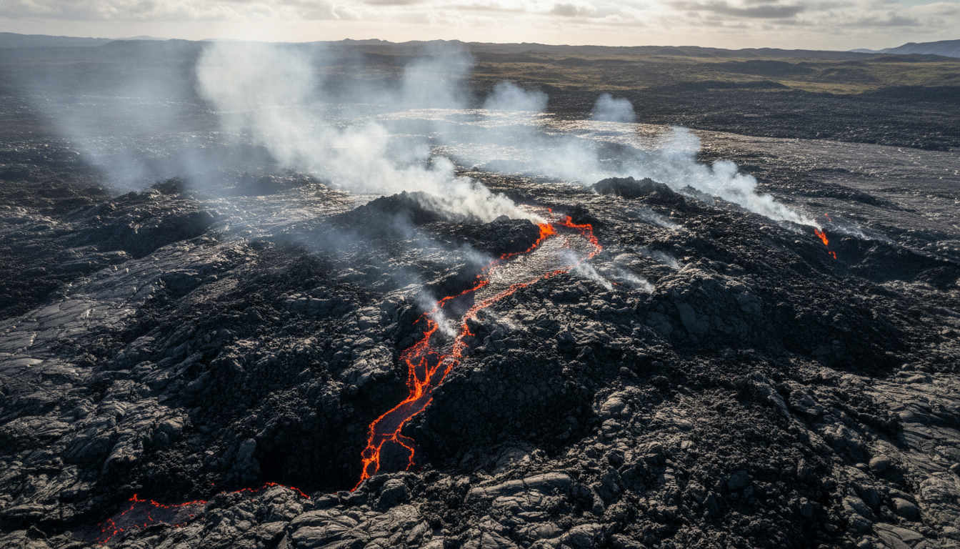 Aerial view of volcanic fissure on the Reykjanes peninsula in Iceland