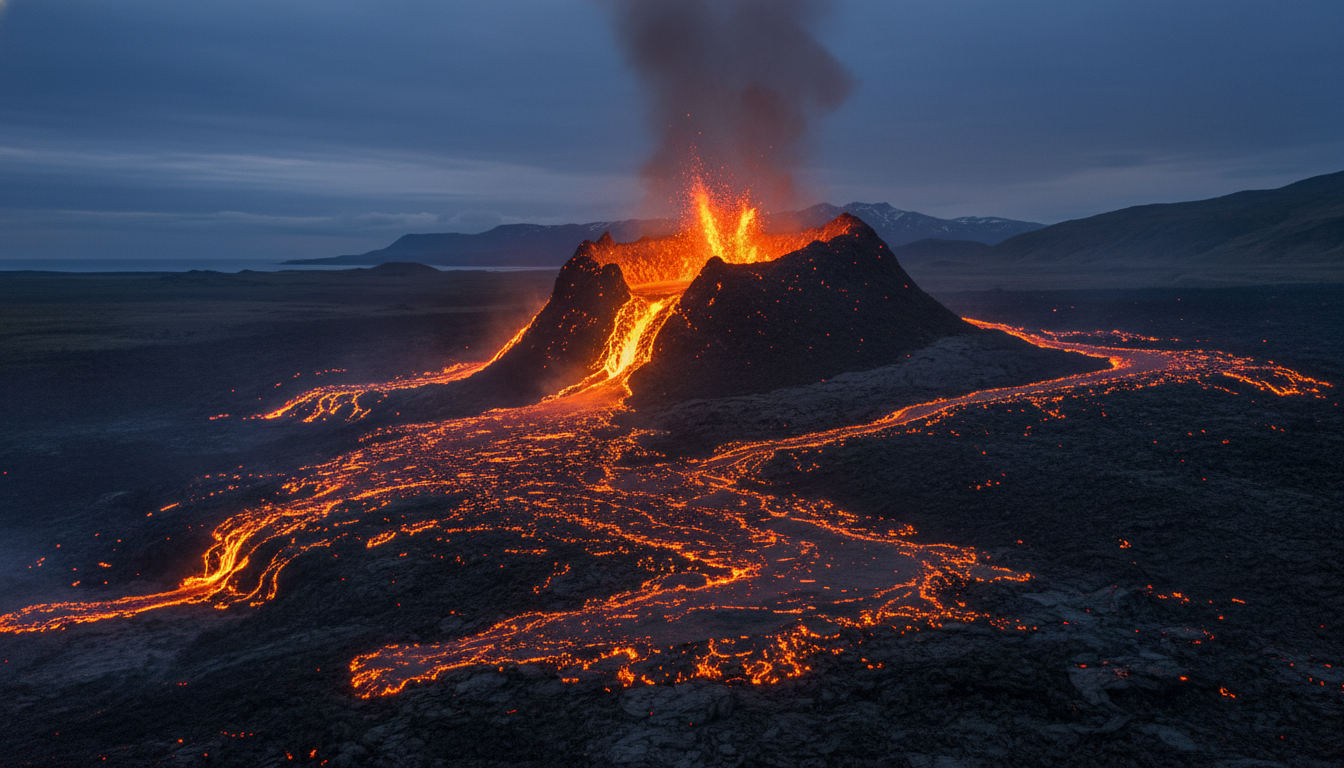 Heikanes volcano in Iceland with lava glowing against dark landscape