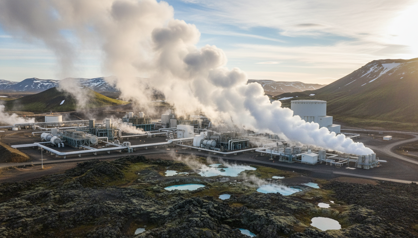 Icelandic geothermal power plant surrounded by steam under volcanic mountains