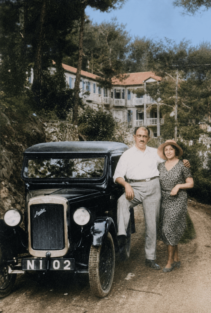 Two couples with their car in Platres, colourised, 1930s and 1950s