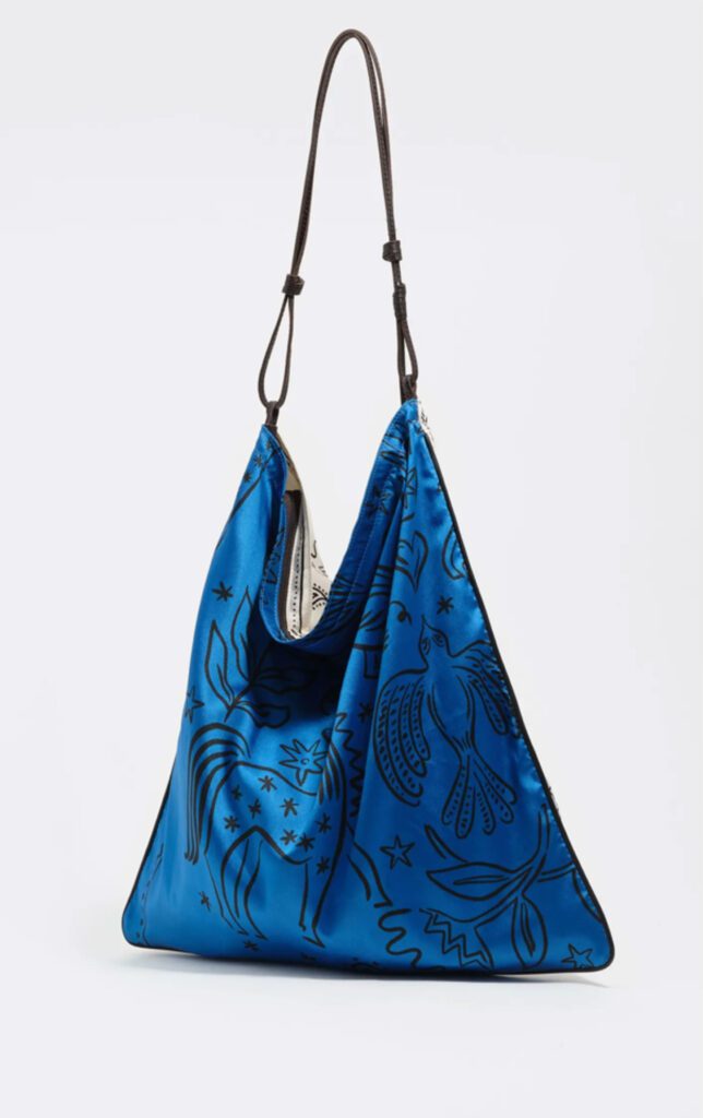 Cobalt blue satin printed hobo bag with folk art bird and star motifs and leather strap – statement bag for Croatia summer travel