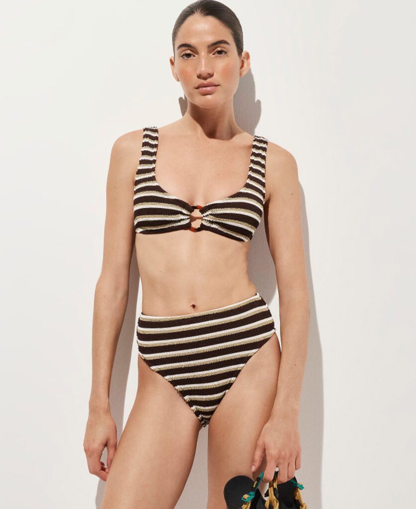 Brown and gold metallic stripe scoop neck bikini set with ring front detail and high-waist bottoms – retro-inspired swimsuit for Croatia beaches