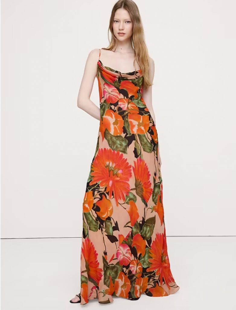 Bold orange and pink tropical floral print cowl neck maxi dress – statement summer dress for Croatia vacation evenings