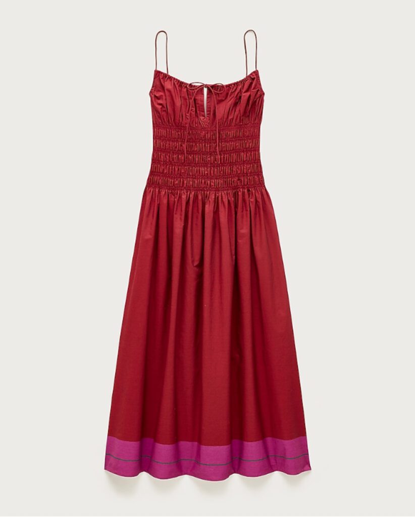 Red smocked bodice midi dress with spaghetti straps and magenta colorblock hem – romantic summer dress for Croatia island hopping