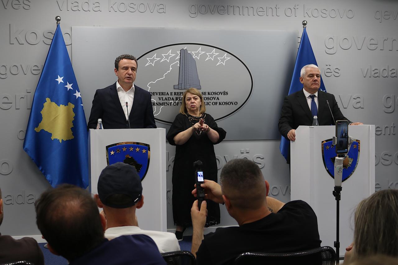 Kosovo Prime Minister Albin Kurti (L) speaks during a press conference in Pristina, Kosovo, on May 28, 2026. (AA Photo)