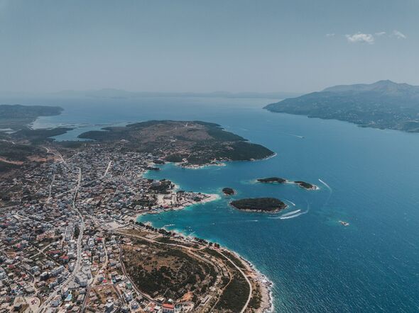 Ksamil photographed from an aerial perspective on a summers day, The Albanian Riviera, Albania