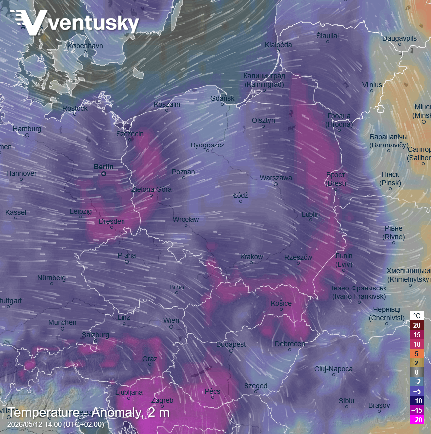 Cold gardeners in Poland - forecast temperature anomaly for May 12, 2026.
