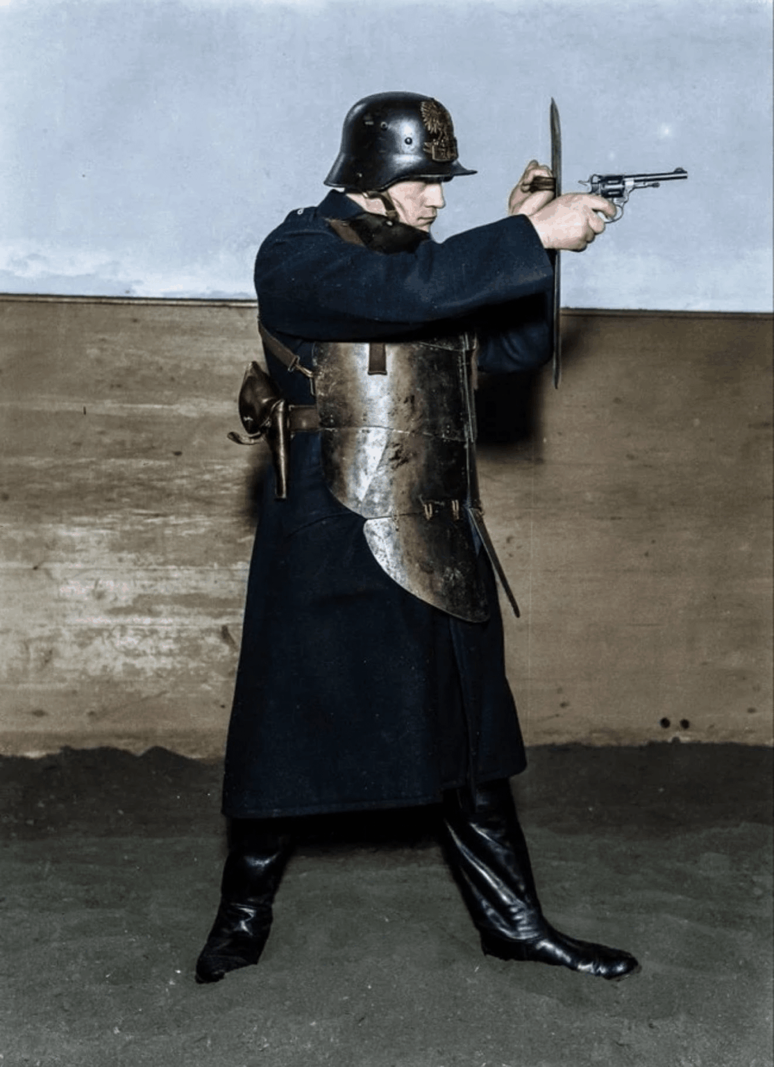A Warsaw police officer with experimental body armour in 1921.