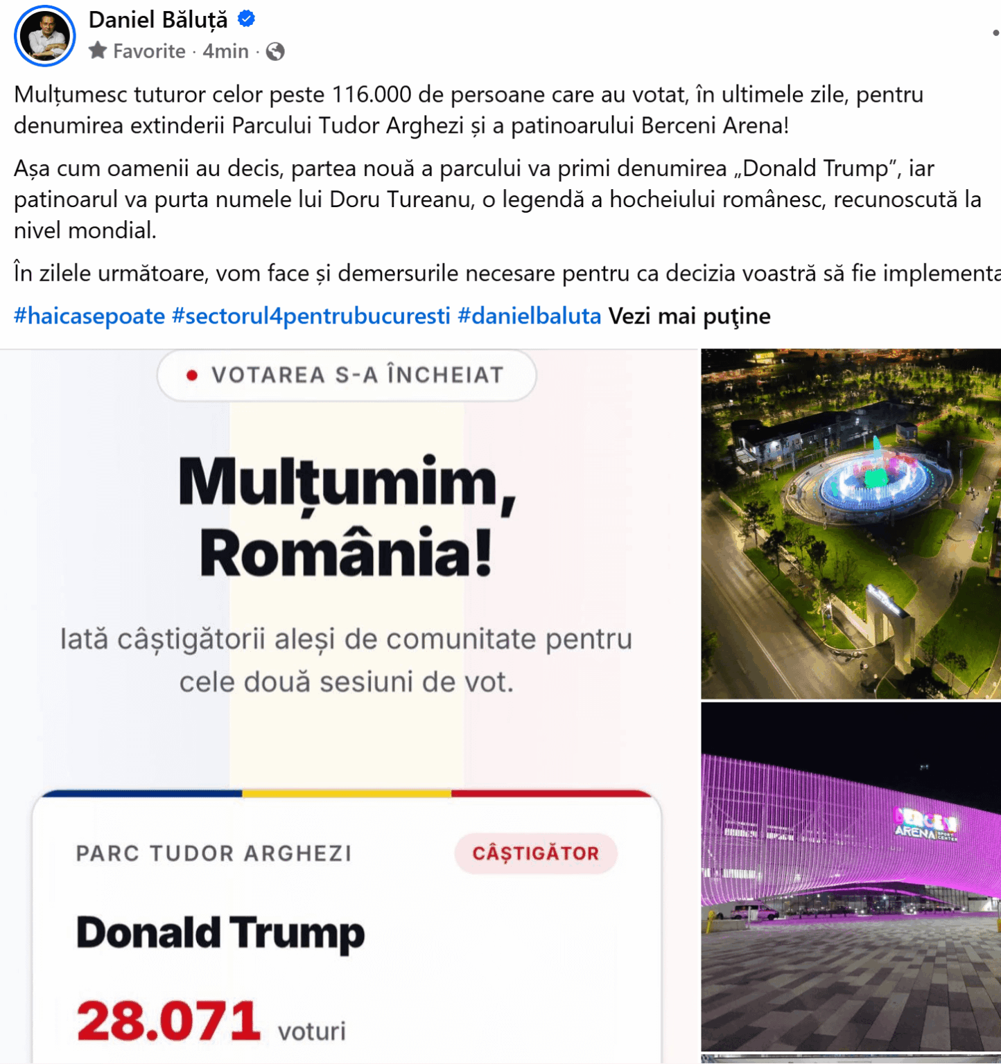 Daniel Băluță will name a park in District 4 - "Donald Trump" after an online vote