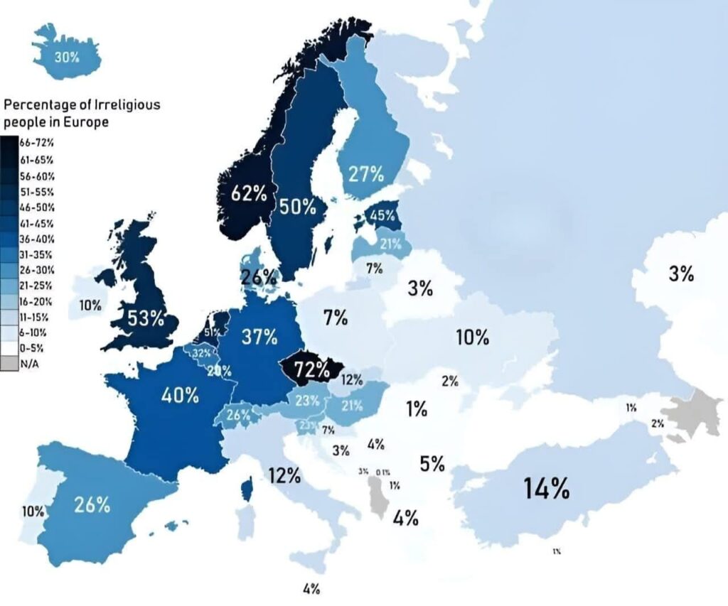 Percentage of people who are religiously unaffiliated in Europe