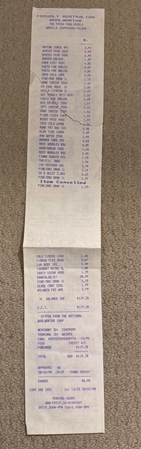 Woolworths receipt from 98’