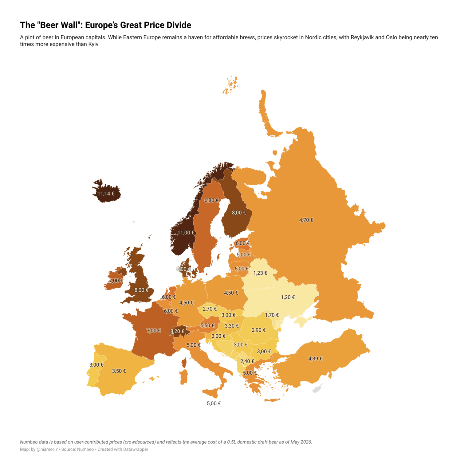 [OC] Mapping the Price of a 0.5L Domestic Draft Beer in Europe (May 2026)