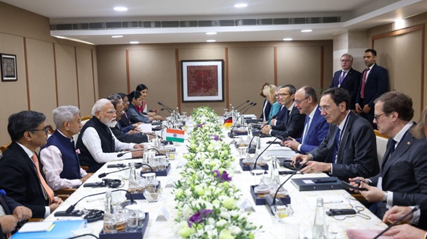 Indian delegation led by Prime Minister Narendra Modi interacts with German delegation led by Federal Chancellor of the Federal Republic of Germany, Friedrich Merz in Gandhinagar on January 12, 2026. | MEA.