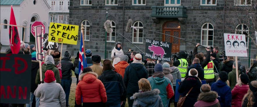 A protest scene in front of the Parliament in Iceland in the movie the Fifth Estate A protest scene in front of the Parliament in Iceland in the movie the Fifth Estate