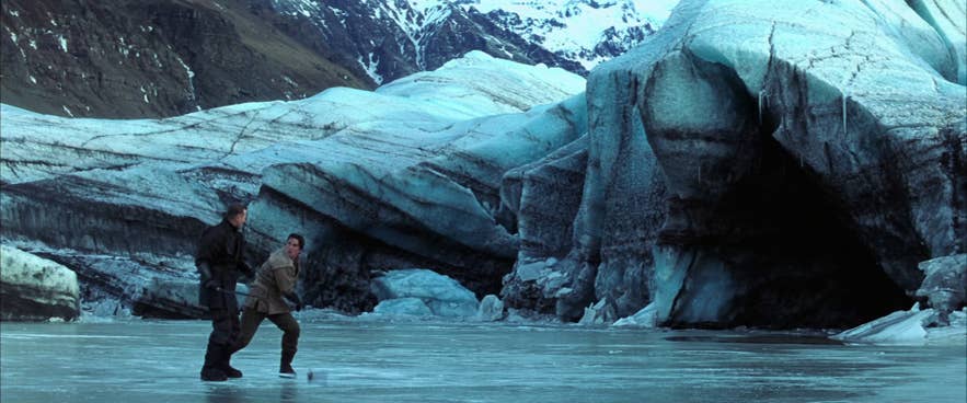 Christian Bale and Liam Neeson fight a duel in the movie Batman Begins, shot on Svinafellsjokull glacier in Iceland Christian Bale and Liam Neeson fight a duel in the movie Batman Begins, shot on Svinafellsjokull glacier in Iceland