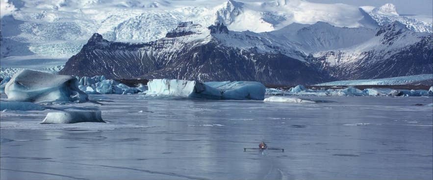 A beginning of a chase scene across the frozen Jokularlon lagoon in the movie Die Another Day A beginning of a chase scene across the frozen Jokularlon lagoon in the movie Die Another Day