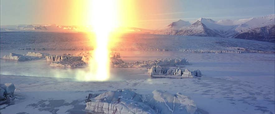 A sun ray chases James Bond across the frozen Jokulsarlon in Iceland A sun ray chases James Bond across the frozen Jokulsarlon in Iceland