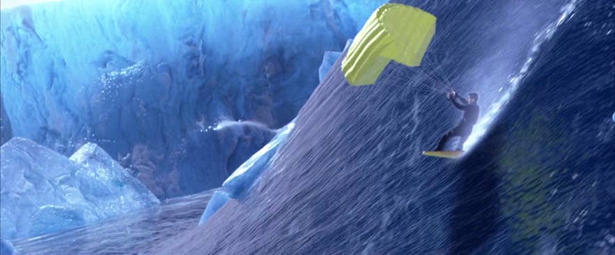 James Bond surfing on a huge wave on the Jokulsaron glacier lagoon in Iceland James Bond surfing on a huge wave on the Jokulsaron glacier lagoon in Iceland