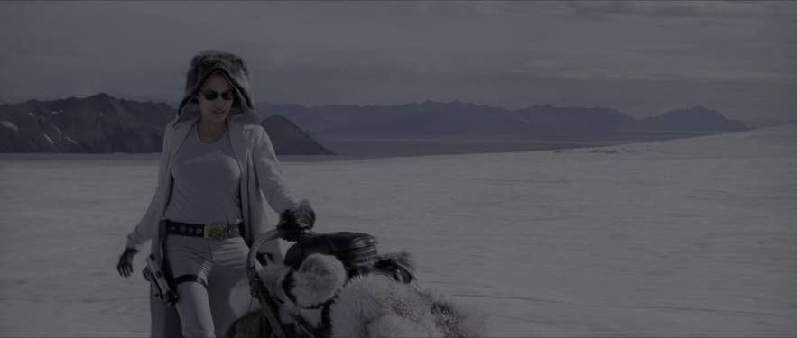 Angelina Jolie as Lara Croft goes dog-sledding across the snow in a scene shot in Iceland Angelina Jolie as Lara Croft goes dog-sledding across the snow in a scene shot in Iceland