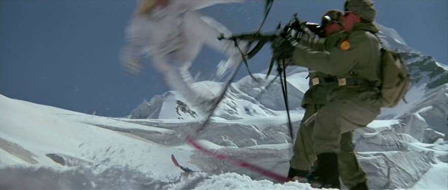 James Bond attacks Soviet guards in the movie A View to a Kill, shot in Iceland James Bond attacks Soviet guards in the movie A View to a Kill, shot in Iceland