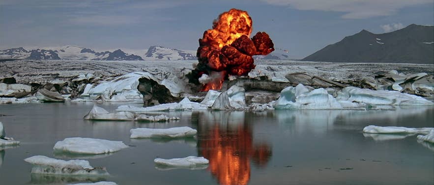 An explosion over Jokulsarlon glacier lagoon in the movie A View to a Kill, shot in Iceland An explosion over Jokulsarlon glacier lagoon in the movie A View to a Kill, shot in Iceland