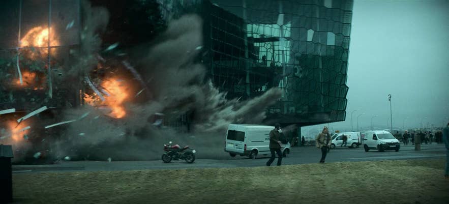 Harpa Concert Hall in Iceland being blown up in the movie Heart of Stone starring Gal Gadot Harpa Concert Hall in Iceland being blown up in the movie Heart of Stone starring Gal Gadot