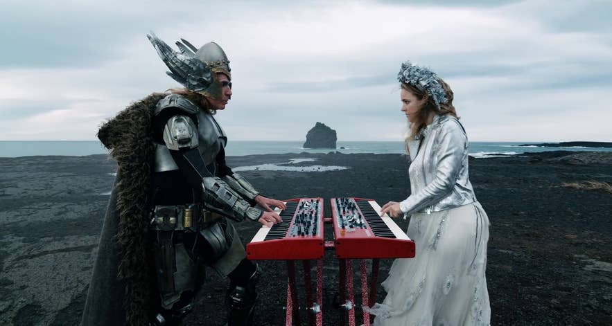 Will Ferrell and Rachel McAdams with the Karlin sea stack in the background, on the Reykjanes peninsula of Iceland Will Ferrell and Rachel McAdams with the Karlin sea stack in the background, on the Reykjanes peninsula of Iceland
