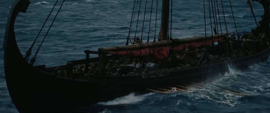Viking longship sailing rough North Atlantic waters filmed in Iceland for The Odyssey. Viking longship sailing rough North Atlantic waters filmed in Iceland for The Odyssey.